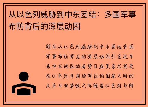 从以色列威胁到中东团结：多国军事布防背后的深层动因