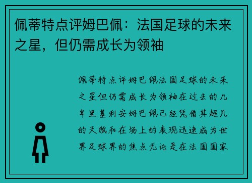 佩蒂特点评姆巴佩：法国足球的未来之星，但仍需成长为领袖