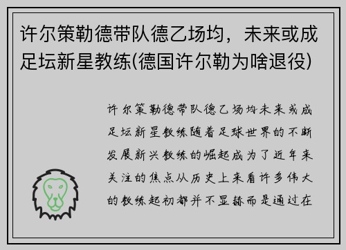 许尔策勒德带队德乙场均，未来或成足坛新星教练(德国许尔勒为啥退役)