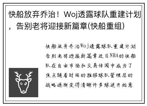 快船放弃乔治！Woj透露球队重建计划，告别老将迎接新篇章(快船重组)