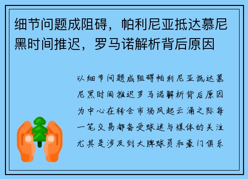 细节问题成阻碍，帕利尼亚抵达慕尼黑时间推迟，罗马诺解析背后原因