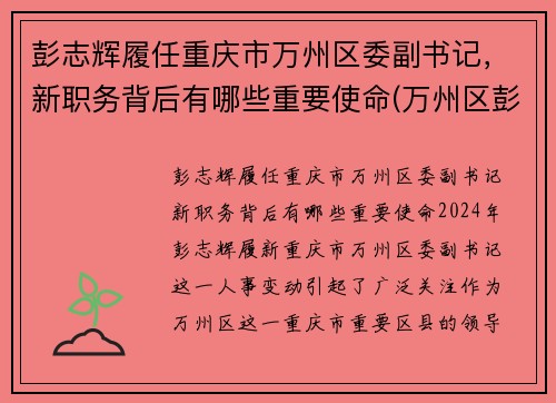 彭志辉履任重庆市万州区委副书记，新职务背后有哪些重要使命(万州区彭川)